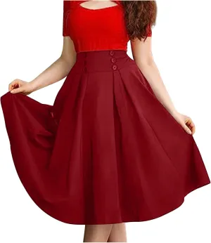 NATHGAM Womens Plaid Skirt Retro High Waist Pleated Skirt with Pockets Button Decoration Plus Size Skirt Victorian Midi Skirt