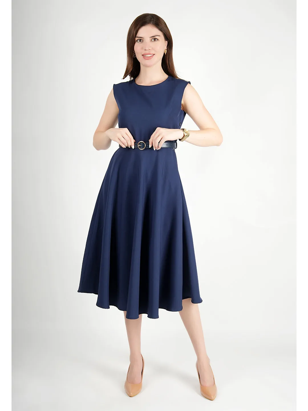 Navy Blue Blended Fabric Warmth Fit & Flare Dress With Belt