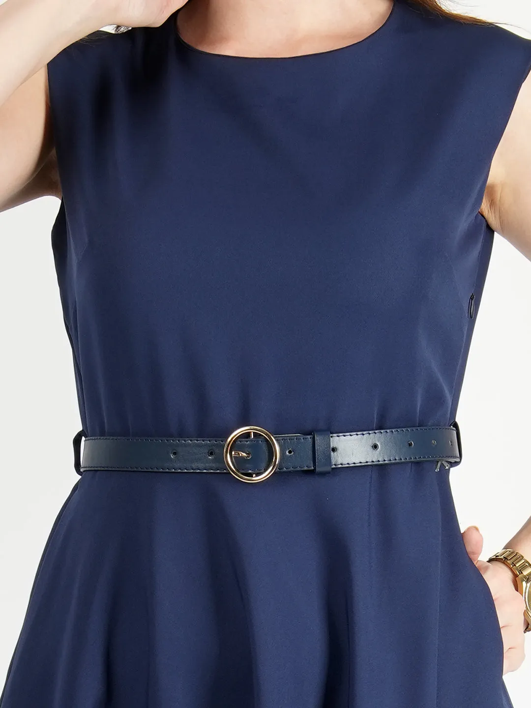 Navy Blue Blended Fabric Warmth Fit & Flare Dress With Belt