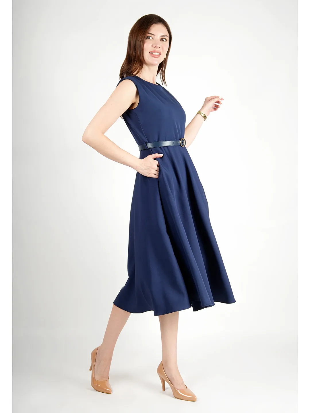 Navy Blue Blended Fabric Warmth Fit & Flare Dress With Belt