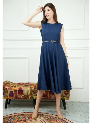 Navy Blue Blended Fabric Warmth Fit & Flare Dress With Belt