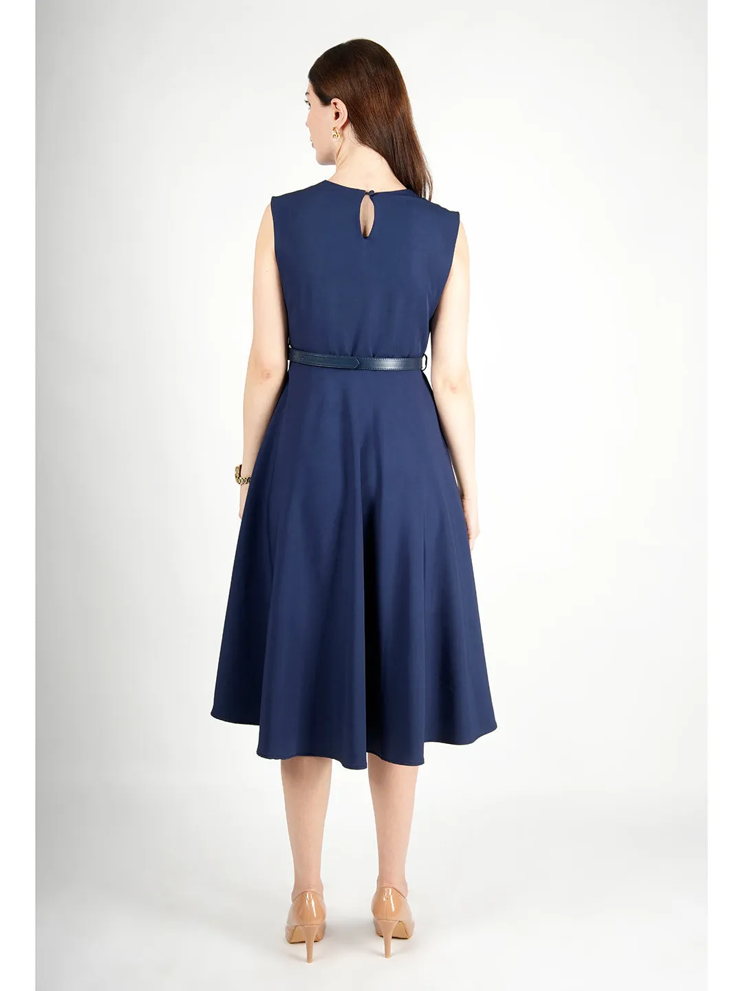 Navy Blue Blended Fabric Warmth Fit & Flare Dress With Belt