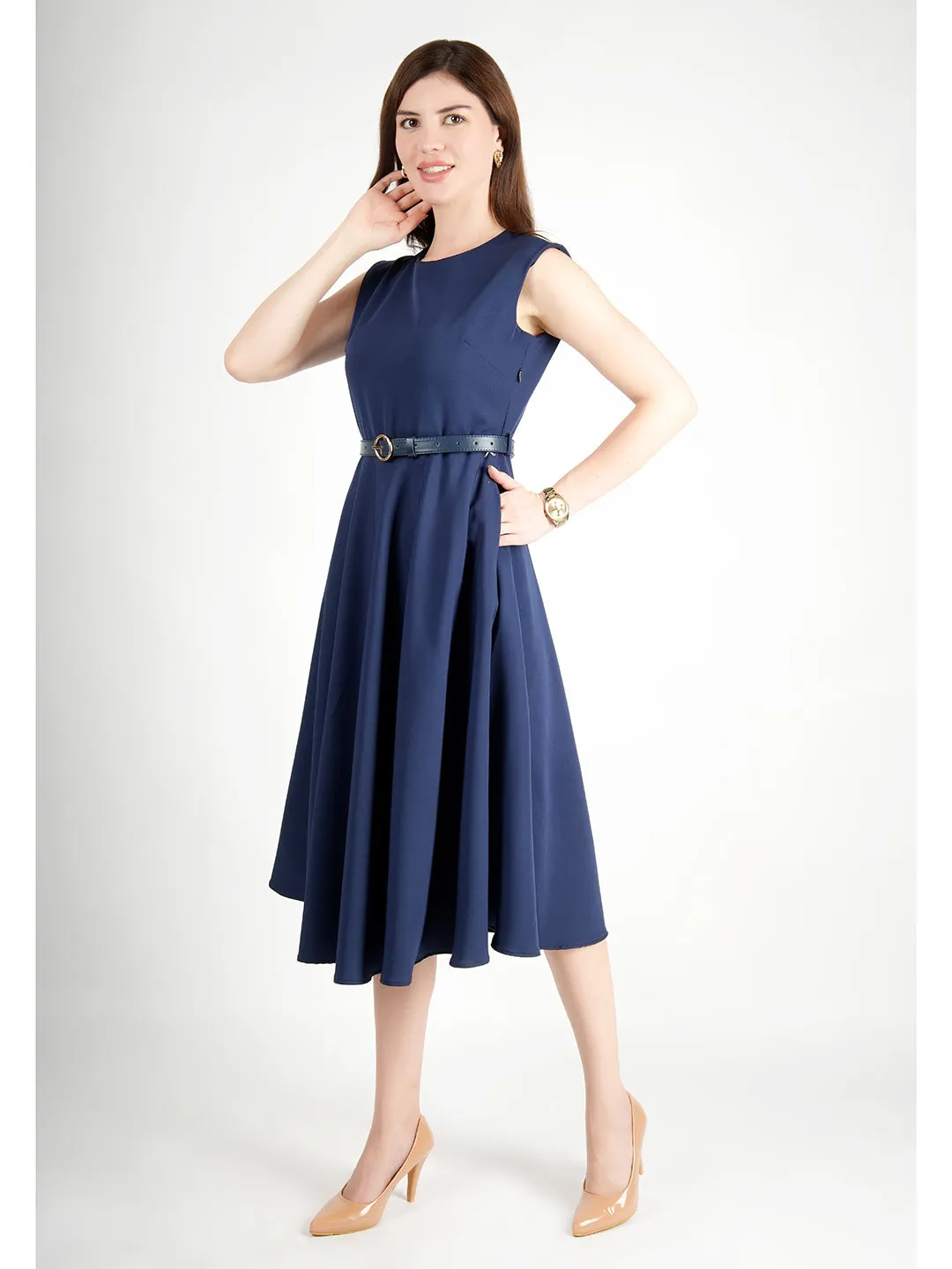 Navy Blue Blended Fabric Warmth Fit & Flare Dress With Belt