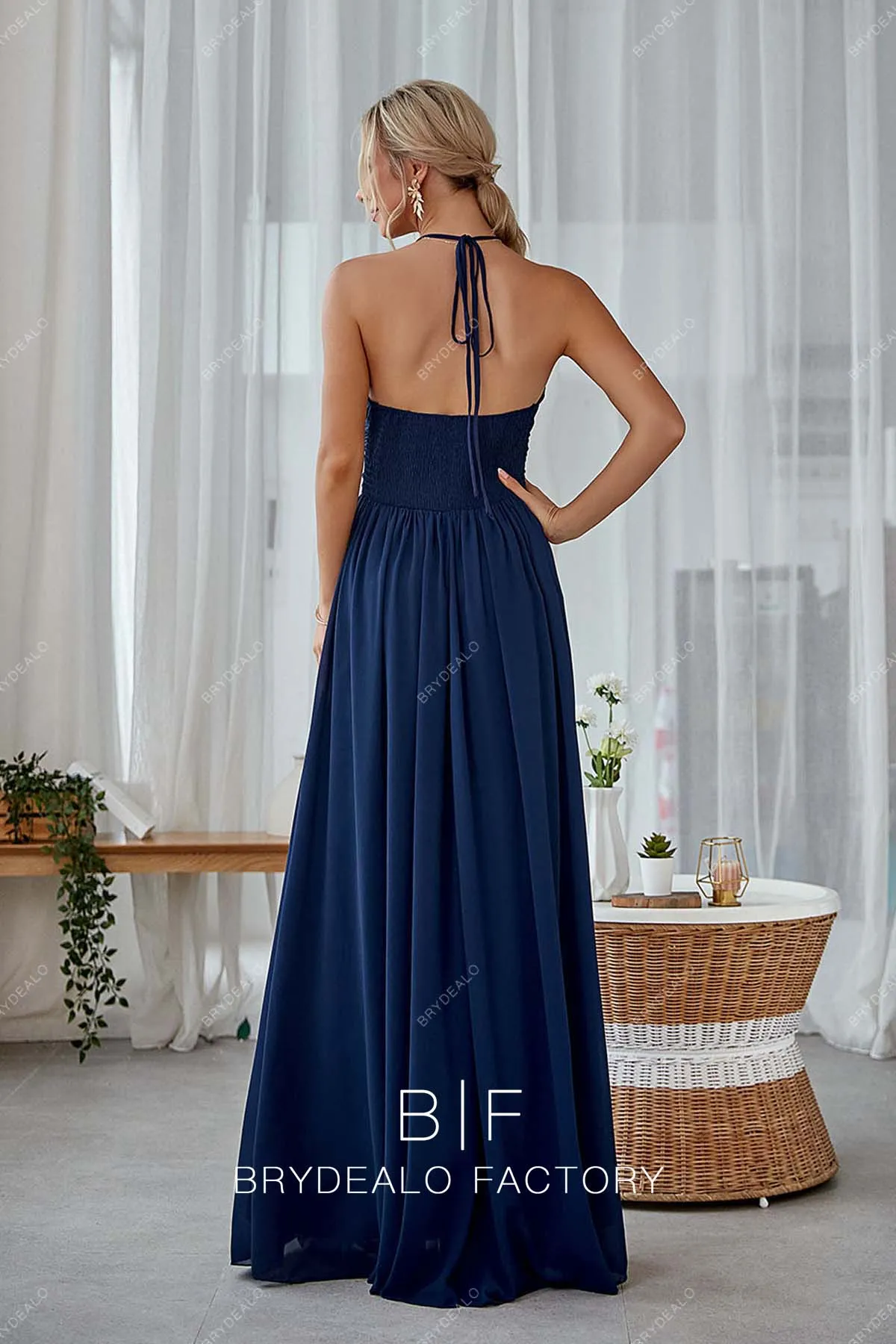 Navy Blue Chiffon Halter Neck Long A-line Simple Dress