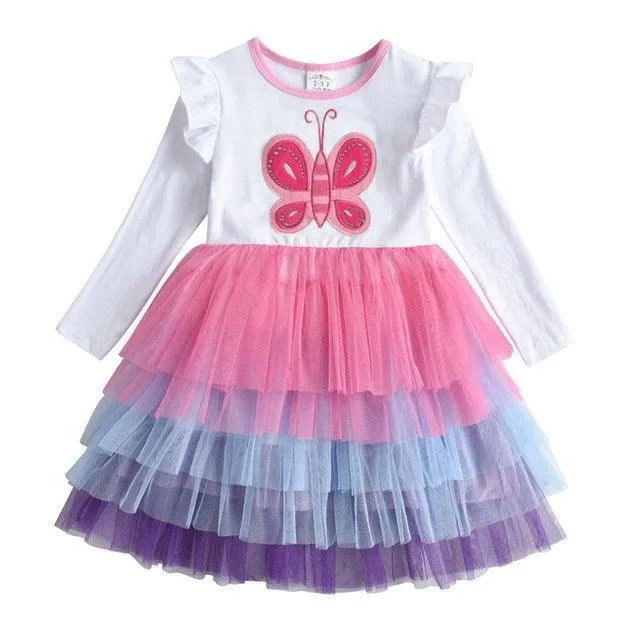 New 3-8 Girls Dress Butterfly Kids Long Sleeve Dresses Baby