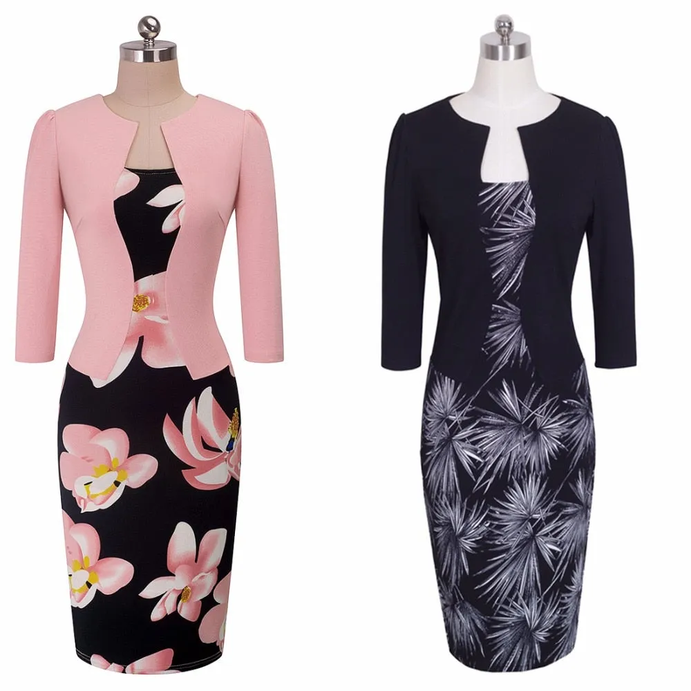 Nice-forever One-piece Faux Jacket Vintage Elegant Patterns Work dress Office Bodycon Female 3/4 Sleeve Sheath Women Dress b237