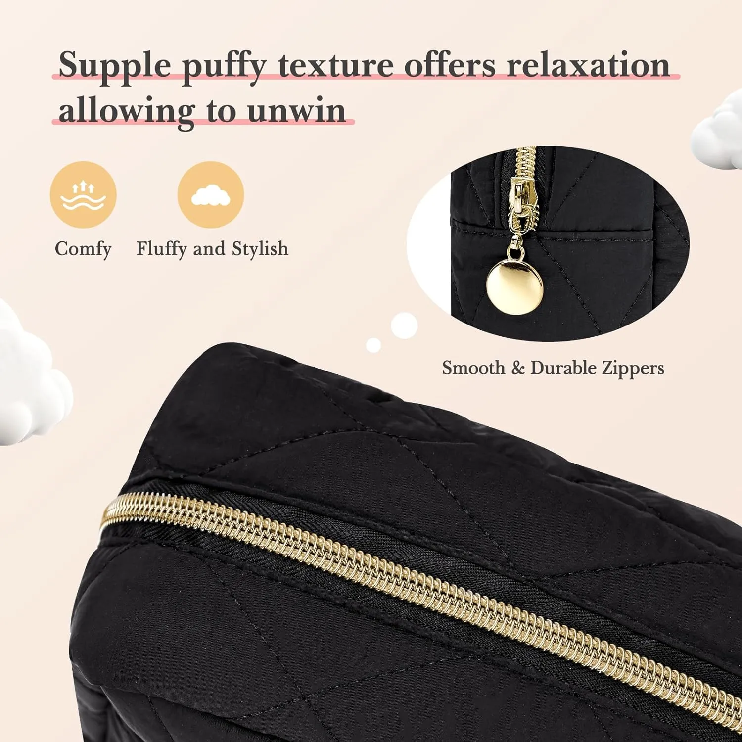 Noozion Makeup Bag, Travel Cosmetic Bag, Puffy Padded Make Up Bag for Women, Makeup Organizer Case, Wide-open Pouch Purse, Travel Essentials