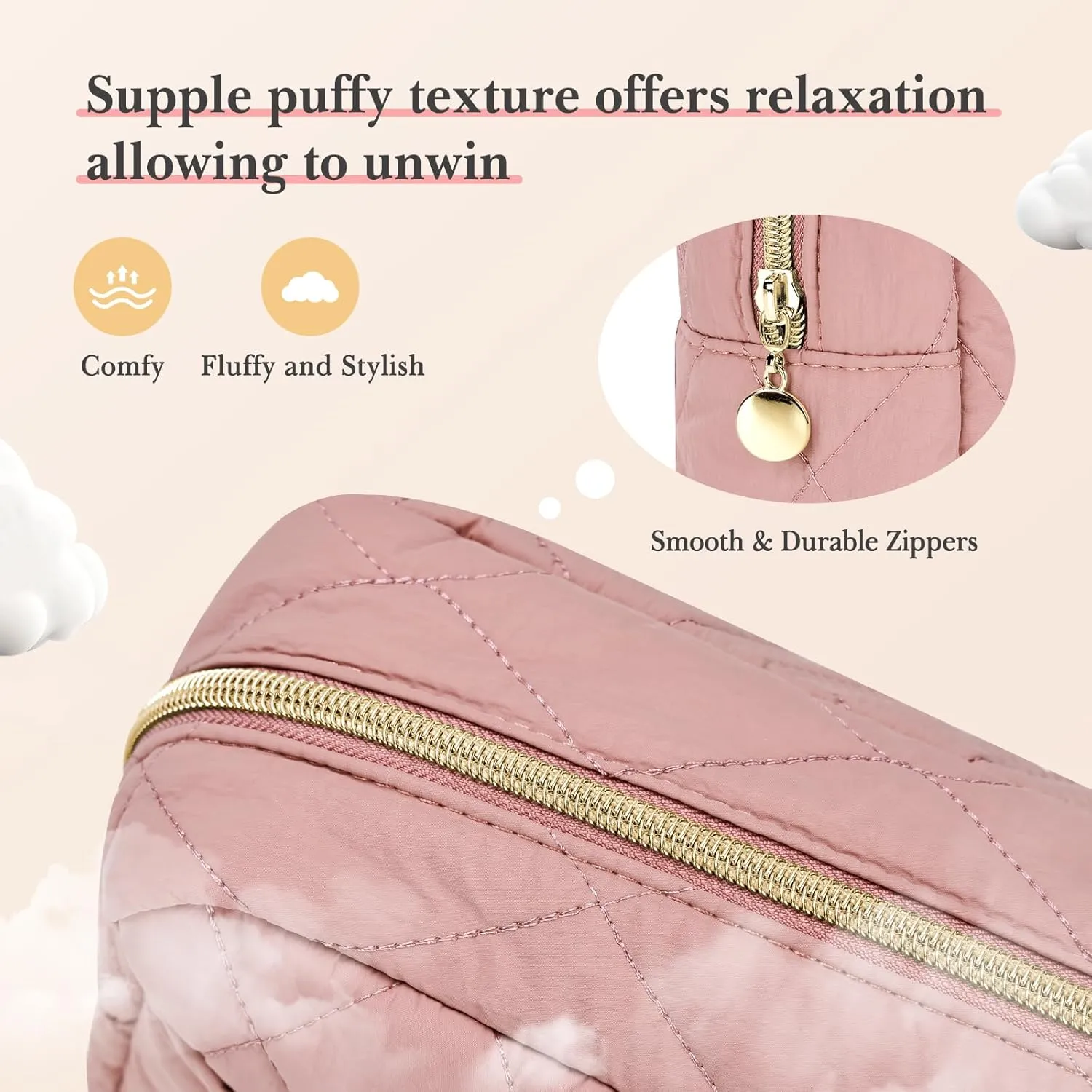Noozion Makeup Bag, Travel Cosmetic Bag, Puffy Padded Make Up Bag for Women, Makeup Organizer Case, Wide-open Pouch Purse, Travel Essentials