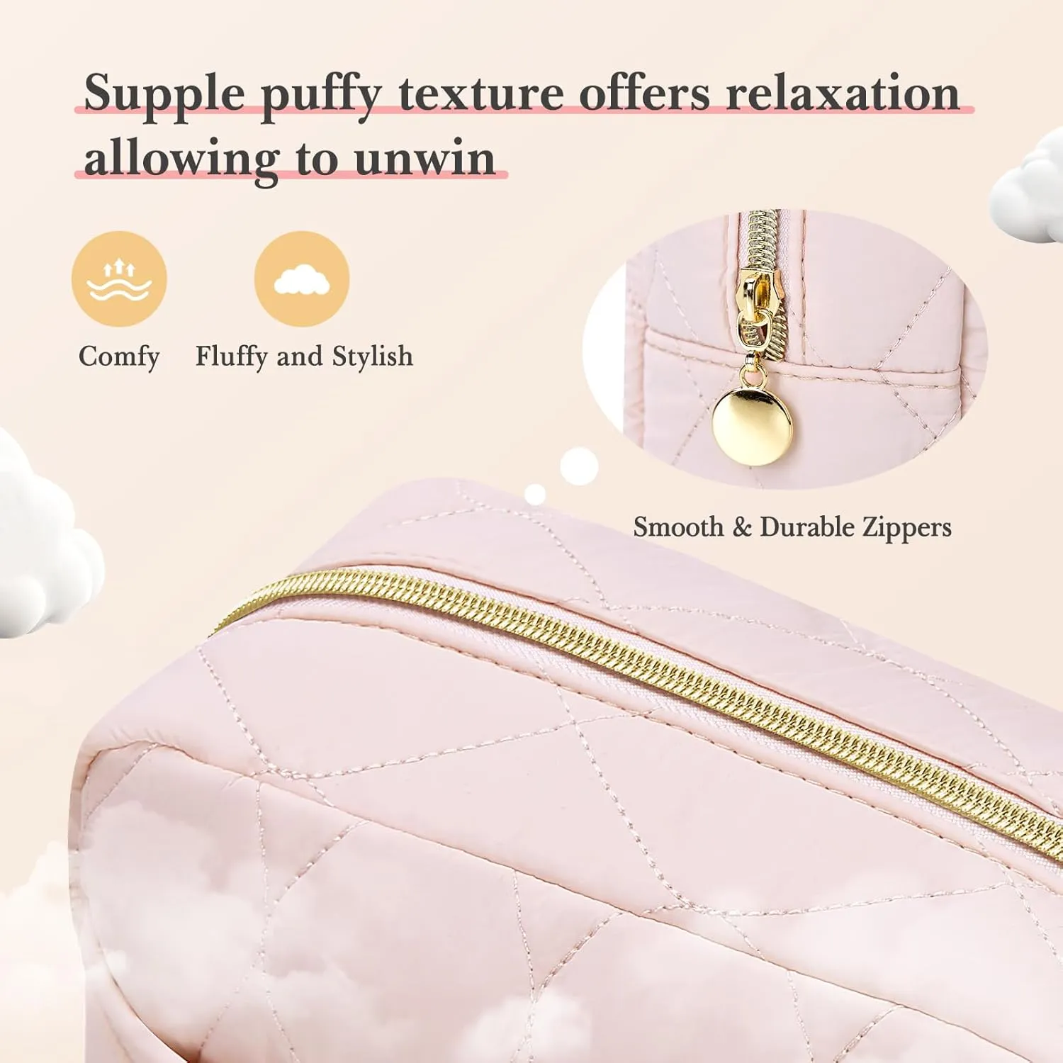 Noozion Makeup Bag, Travel Cosmetic Bag, Puffy Padded Make Up Bag for Women, Makeup Organizer Case, Wide-open Pouch Purse, Travel Essentials
