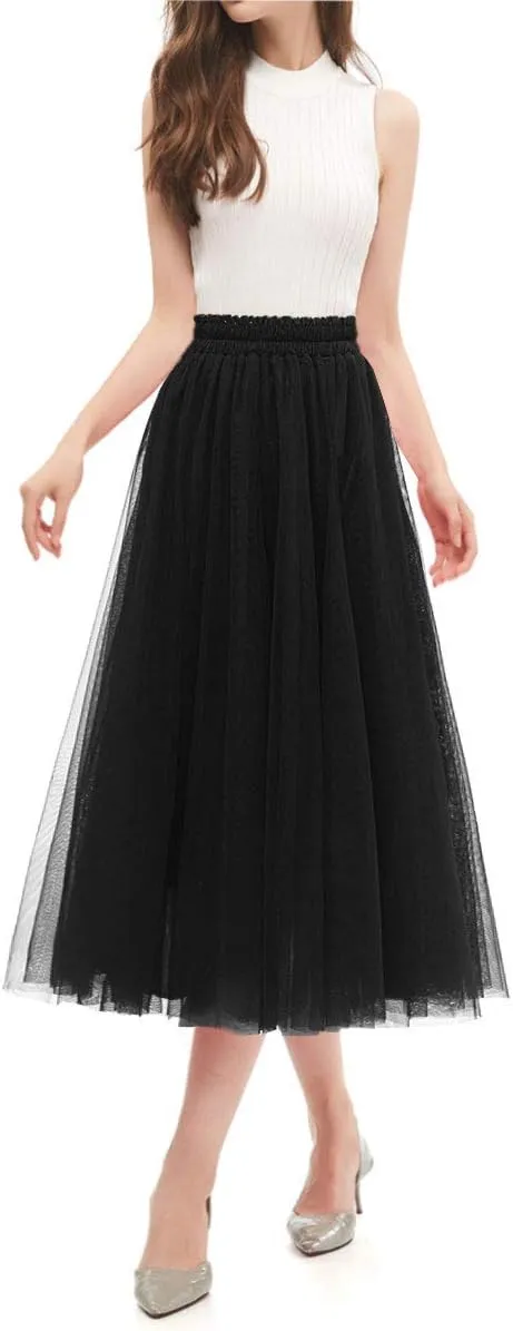 OBBUE Women's A Line Tulle Party Evening Tutu Skirts Tea Length