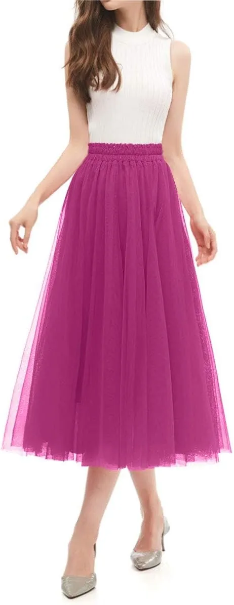 OBBUE Women's A Line Tulle Party Evening Tutu Skirts Tea Length