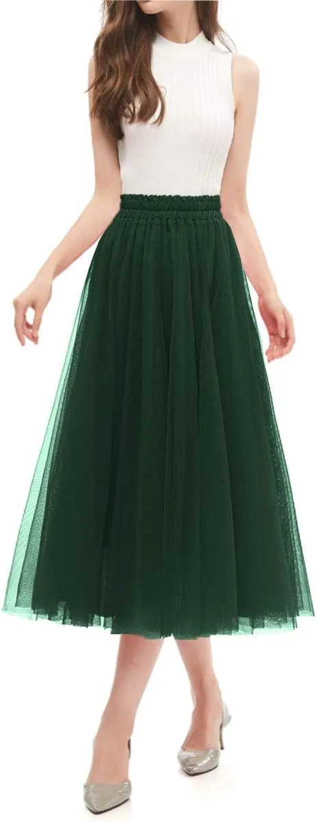 OBBUE Women's A Line Tulle Party Evening Tutu Skirts Tea Length