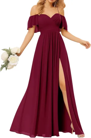Off Shoulder Bridesmaid Dresses for Women - Long Chiffon Pleated Formal Evening Dress with Slit