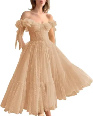Off Shoulder Tulle Prom Dresses for Women A Line Tea Length Formal Evening Party Gowns for Teens with 3D Flowers