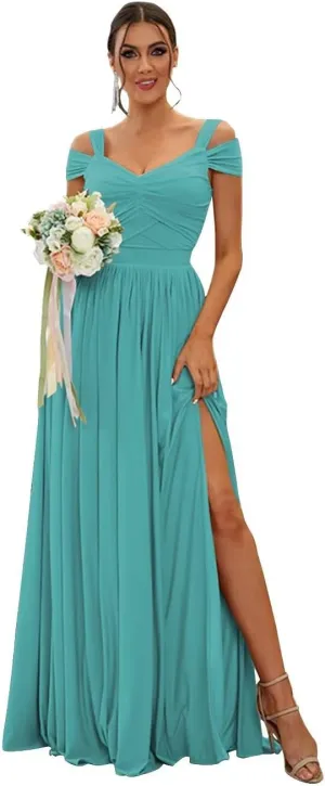 Off The Shoulder Bridesmaid Dresses with Silt Chiffon Pleated A Line Formal Evening Gown for Women 2025