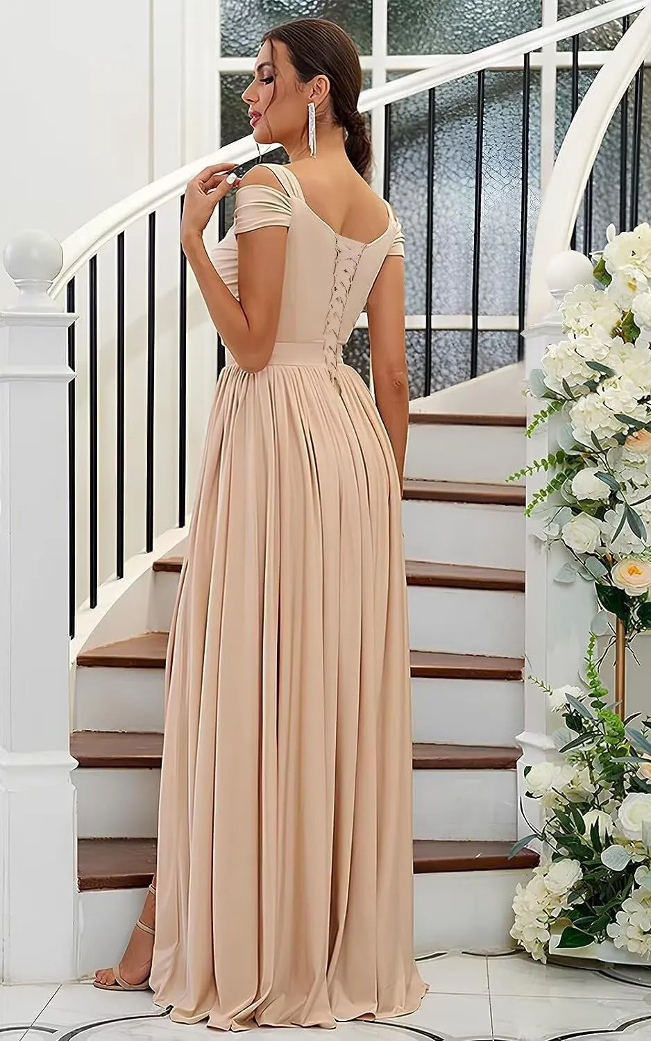 Off The Shoulder Bridesmaid Dresses with Silt Chiffon Pleated A Line Formal Evening Gown for Women 2025