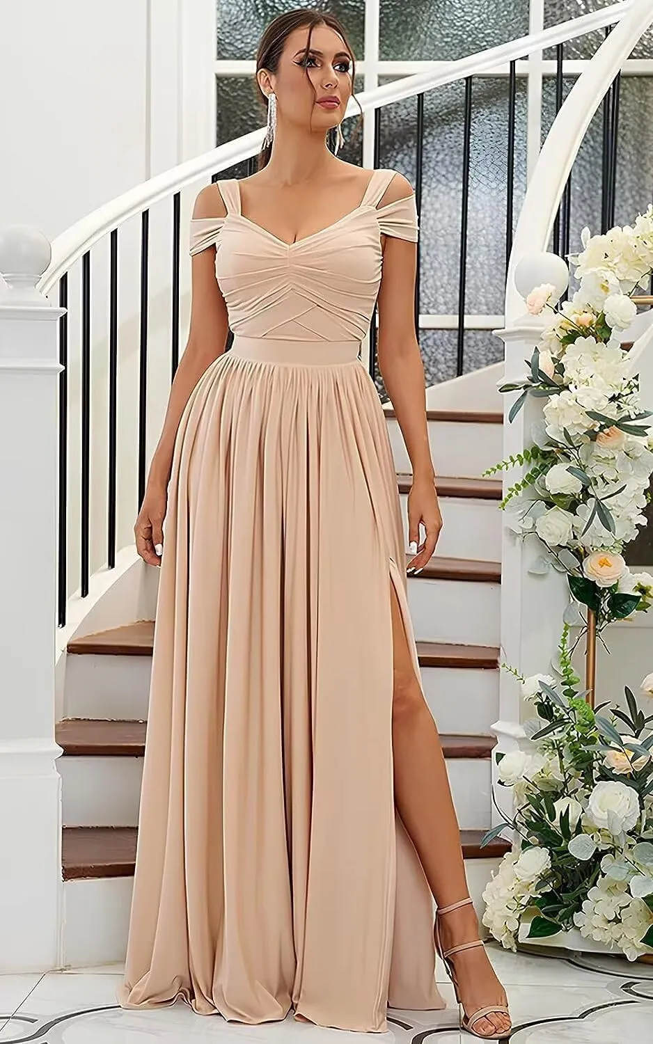 Off The Shoulder Bridesmaid Dresses with Silt Chiffon Pleated A Line Formal Evening Gown for Women 2025