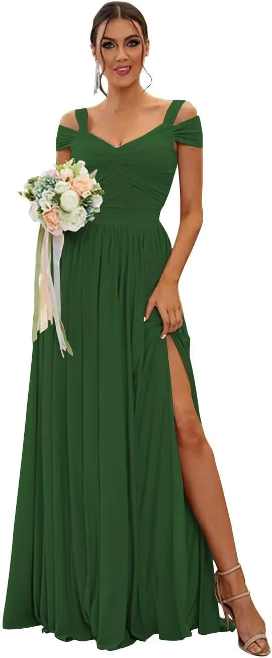 Off The Shoulder Bridesmaid Dresses with Silt Chiffon Pleated A Line Formal Evening Gown for Women 2025