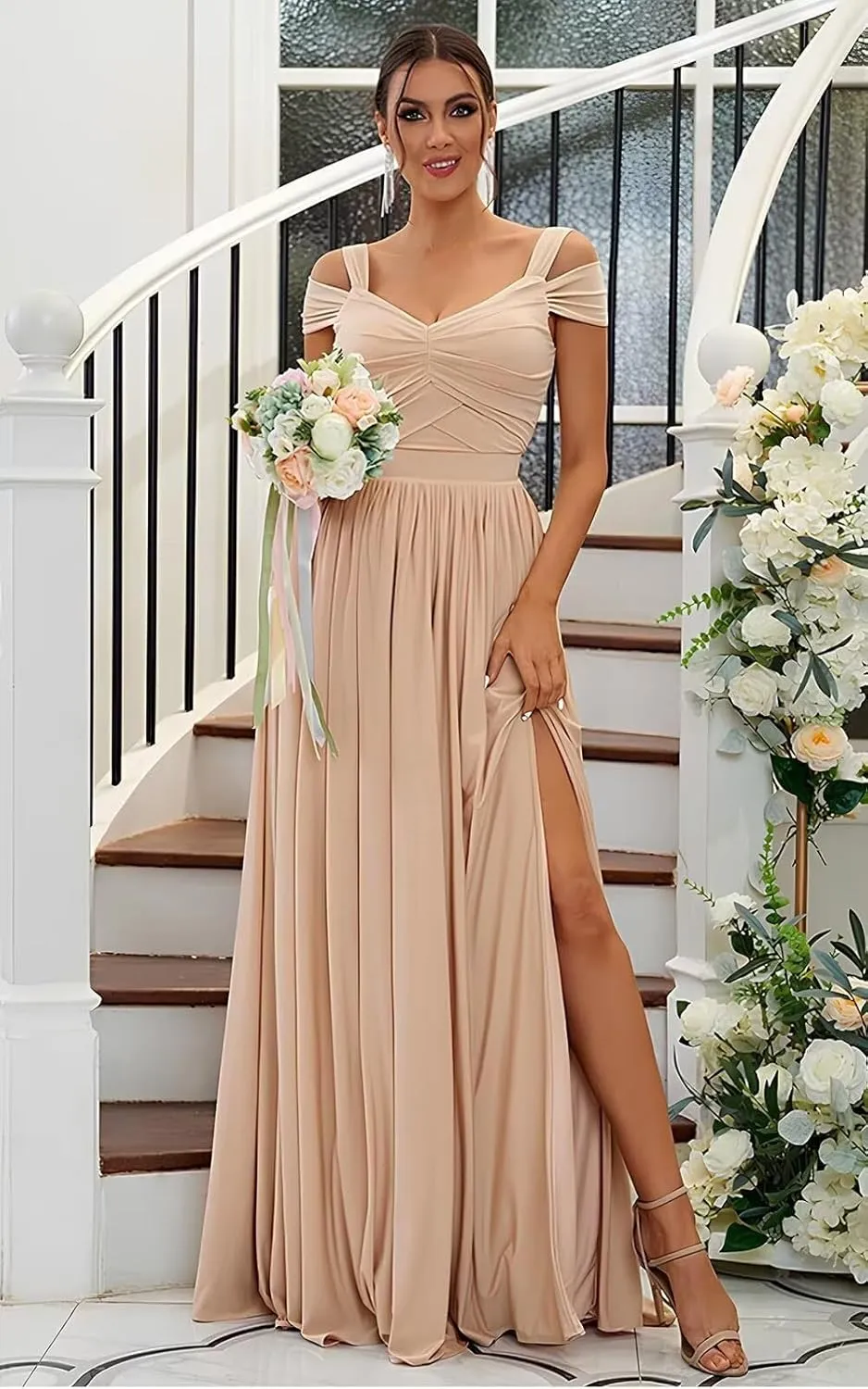 Off The Shoulder Bridesmaid Dresses with Silt Chiffon Pleated A Line Formal Evening Gown for Women 2025