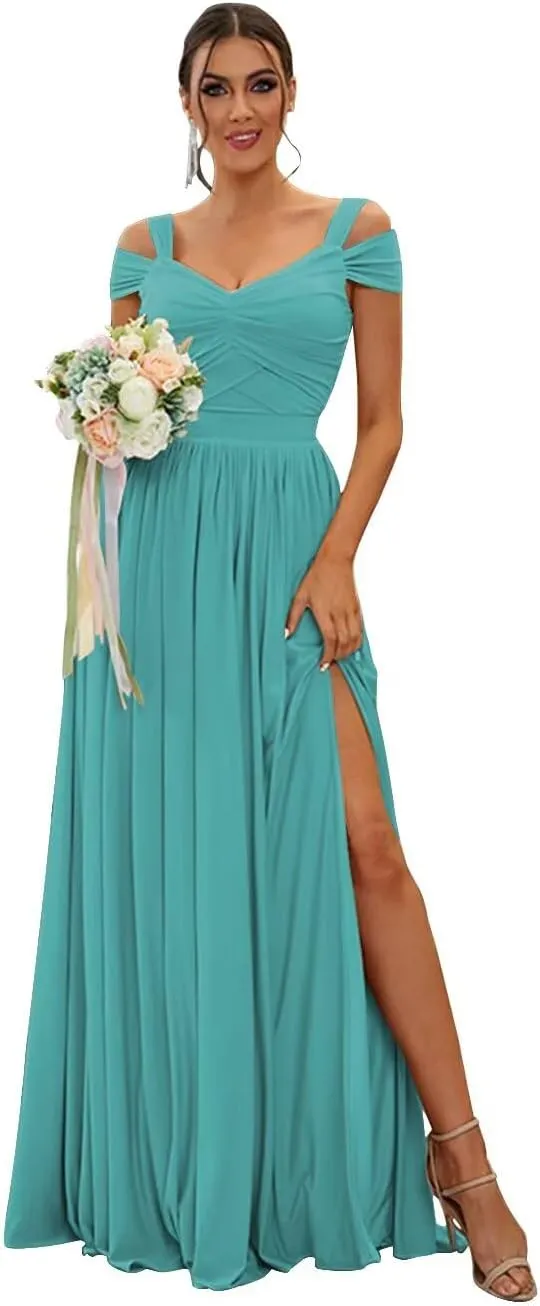 Off The Shoulder Bridesmaid Dresses with Silt Chiffon Pleated A Line Formal Evening Gown for Women 2025