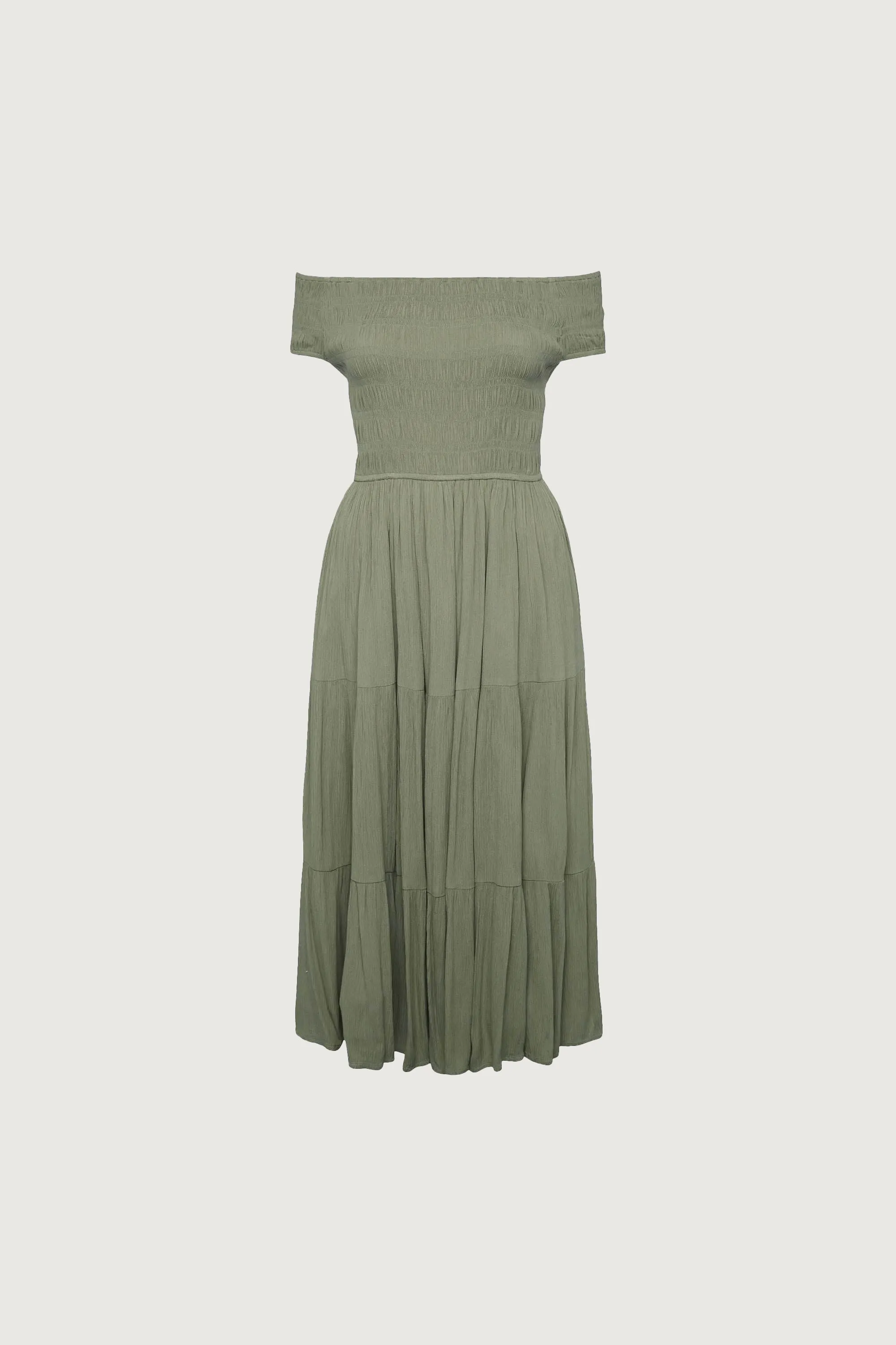 OFF THE SHOULDER CRINKLED MIDI TIERED DRESS