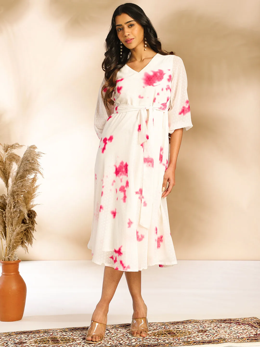 Off White Dobby Georgette Tie & Dye Fit & Flare Dress