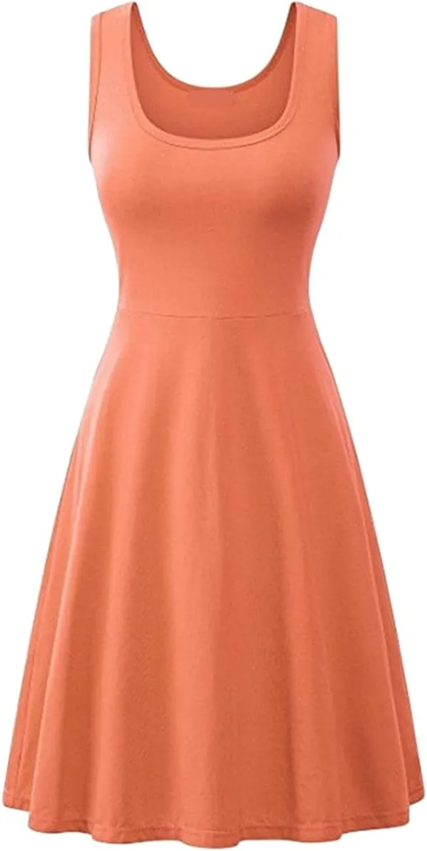 OMZIN Women's Sleeveless Midi Dress Casual Flared Tank Dress Solid Color Cotton Skater Swing Dresses