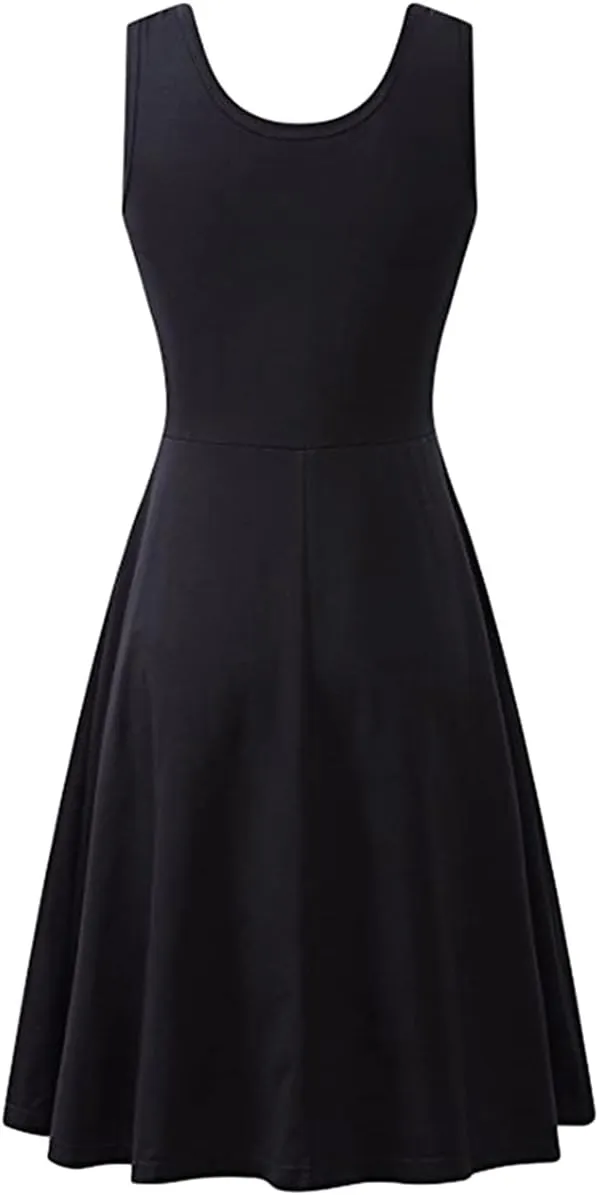 OMZIN Women's Sleeveless Midi Dress Casual Flared Tank Dress Solid Color Cotton Skater Swing Dresses
