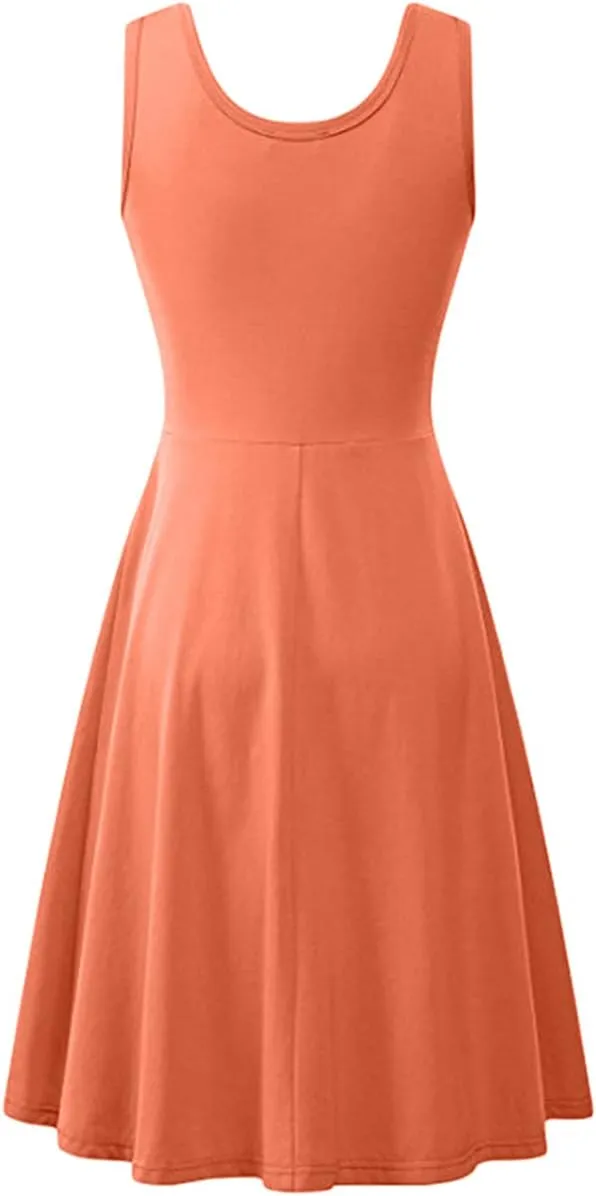 OMZIN Women's Sleeveless Midi Dress Casual Flared Tank Dress Solid Color Cotton Skater Swing Dresses