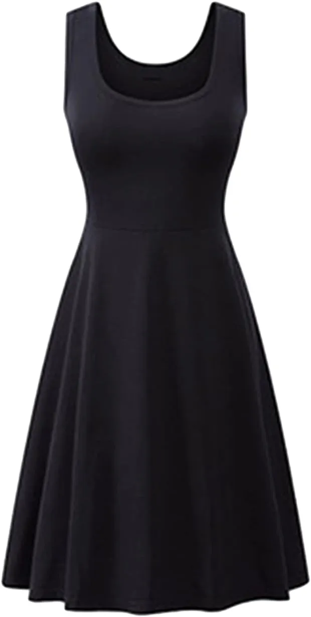 OMZIN Women's Sleeveless Midi Dress Casual Flared Tank Dress Solid Color Cotton Skater Swing Dresses