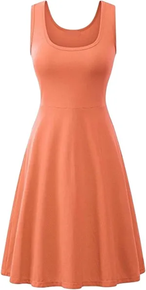OMZIN Women's Sleeveless Midi Dress Casual Flared Tank Dress Solid Color Cotton Skater Swing Dresses