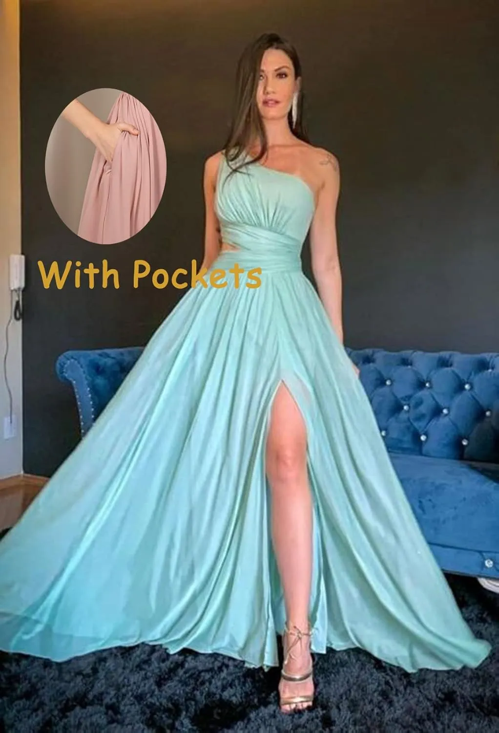 One Shoulder Bridesmaid Dresses for Wedding Chiffon High Slit A line Long Formal Prom Dress with Pockets