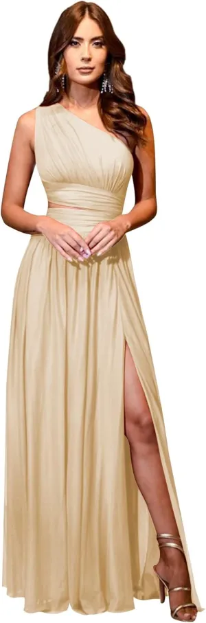One Shoulder Bridesmaid Dresses for Wedding Chiffon High Slit A line Long Formal Prom Dress with Pockets