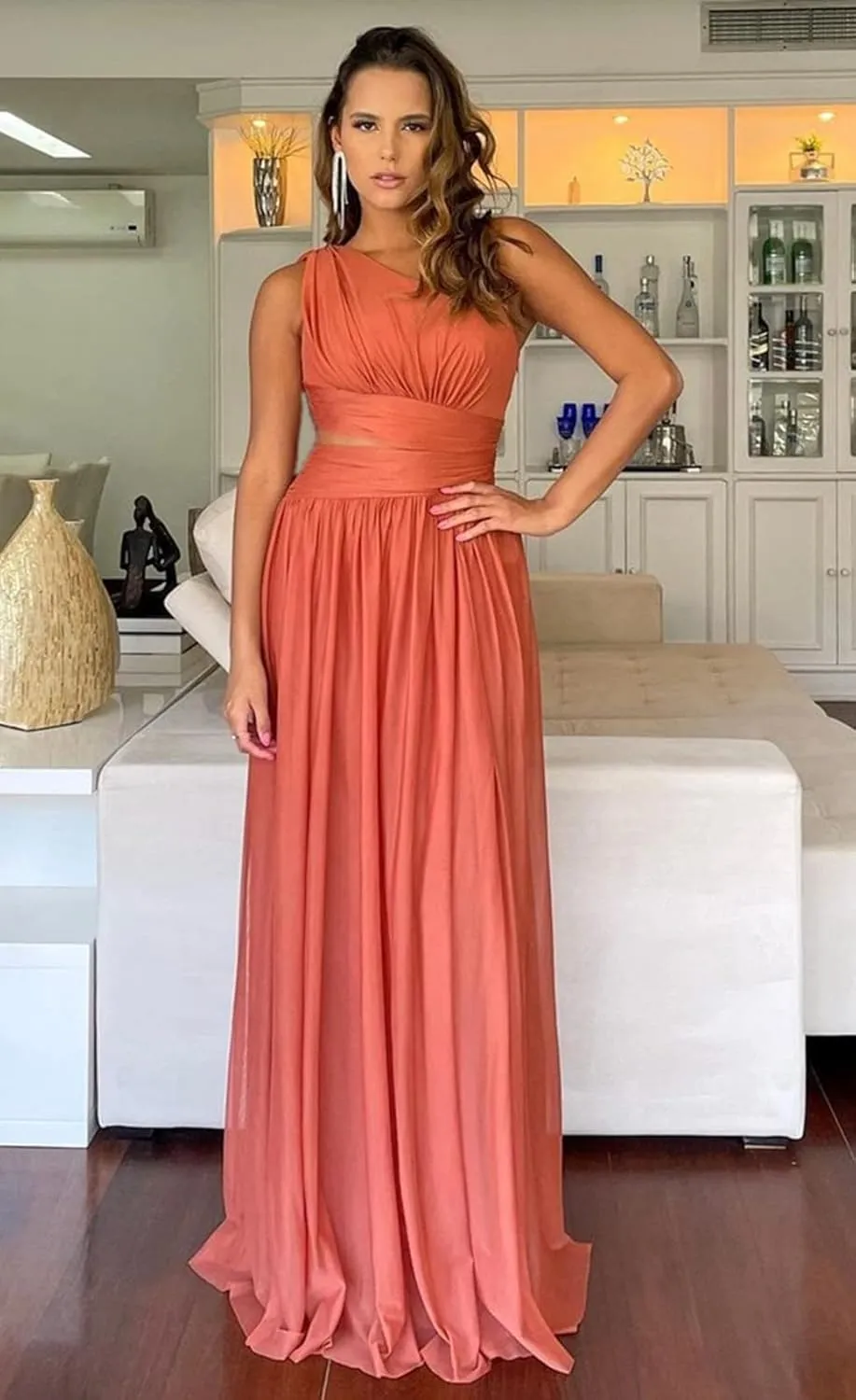 One Shoulder Bridesmaid Dresses for Wedding Chiffon High Slit A line Long Formal Prom Dress with Pockets