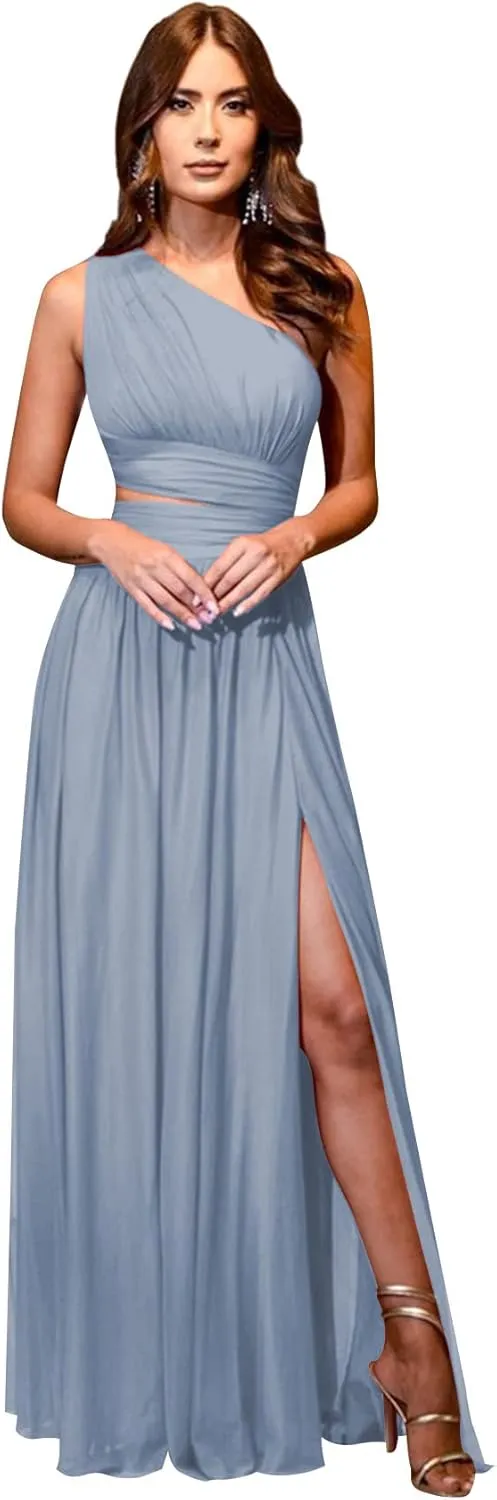 One Shoulder Bridesmaid Dresses for Wedding Chiffon High Slit A line Long Formal Prom Dress with Pockets
