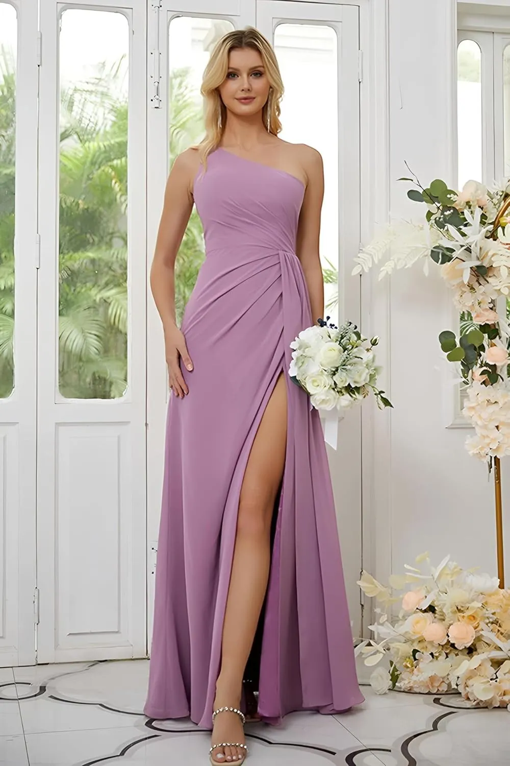 One Shoulder Bridesmaid Dresses for Wedding Chiffon Long Ruched Prom Formal Gown with Slit ZW09