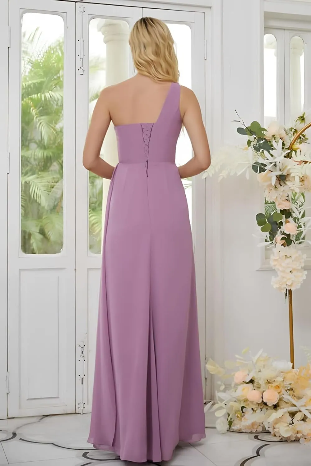 One Shoulder Bridesmaid Dresses for Wedding Chiffon Long Ruched Prom Formal Gown with Slit ZW09