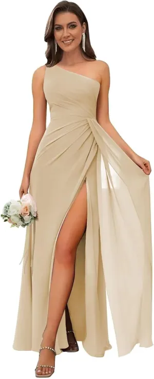 One Shoulder Bridesmaid Dresses for Wedding Chiffon Long Ruched Prom Formal Gown with Slit ZW09