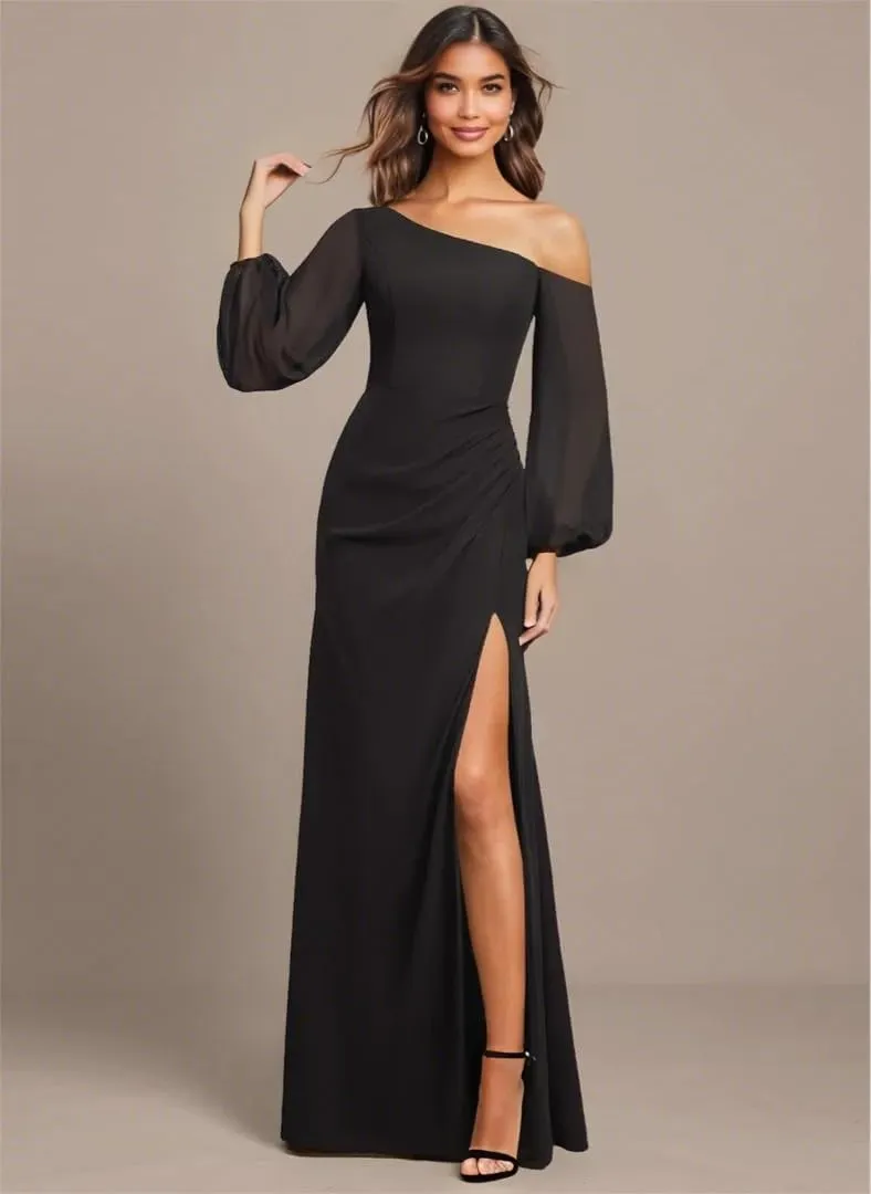 One Shoulder Bridesmaid Dresses for Women Chiffon Long Sleeve Formal Dresses Evening Gown with Slit