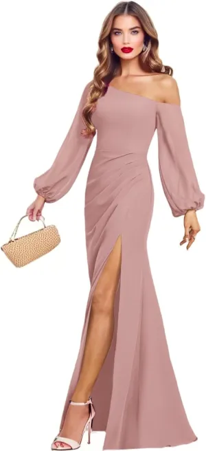 One Shoulder Bridesmaid Dresses for Women Chiffon Long Sleeve Formal Dresses Evening Gown with Slit