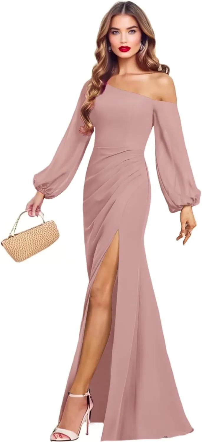 One Shoulder Bridesmaid Dresses for Women Chiffon Long Sleeve Formal Dresses Evening Gown with Slit