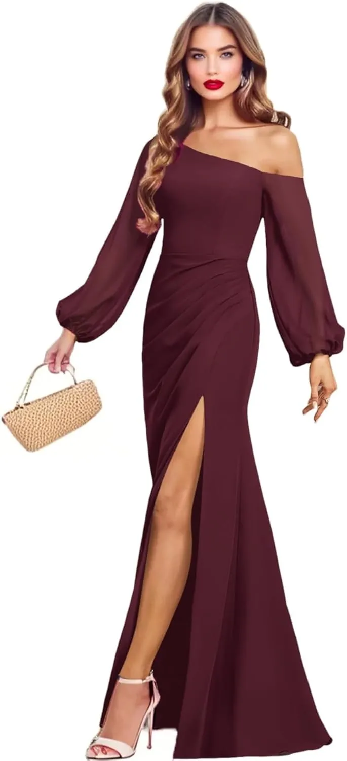 One Shoulder Bridesmaid Dresses for Women Chiffon Long Sleeve Formal Dresses Evening Gown with Slit