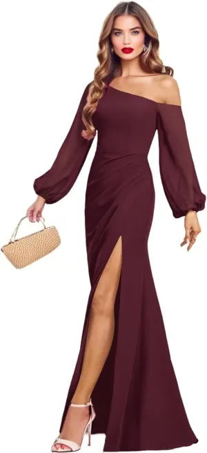 One Shoulder Bridesmaid Dresses for Women Chiffon Long Sleeve Formal Dresses Evening Gown with Slit