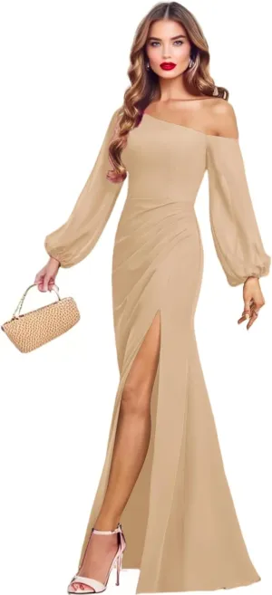One Shoulder Bridesmaid Dresses for Women Chiffon Long Sleeve Formal Dresses Evening Gown with Slit