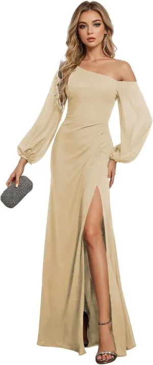One Shoulder Bridesmaid Dresses for Women Chiffon Long Sleeve Wedding Guest Dresses Formal Evening Dress with Slit