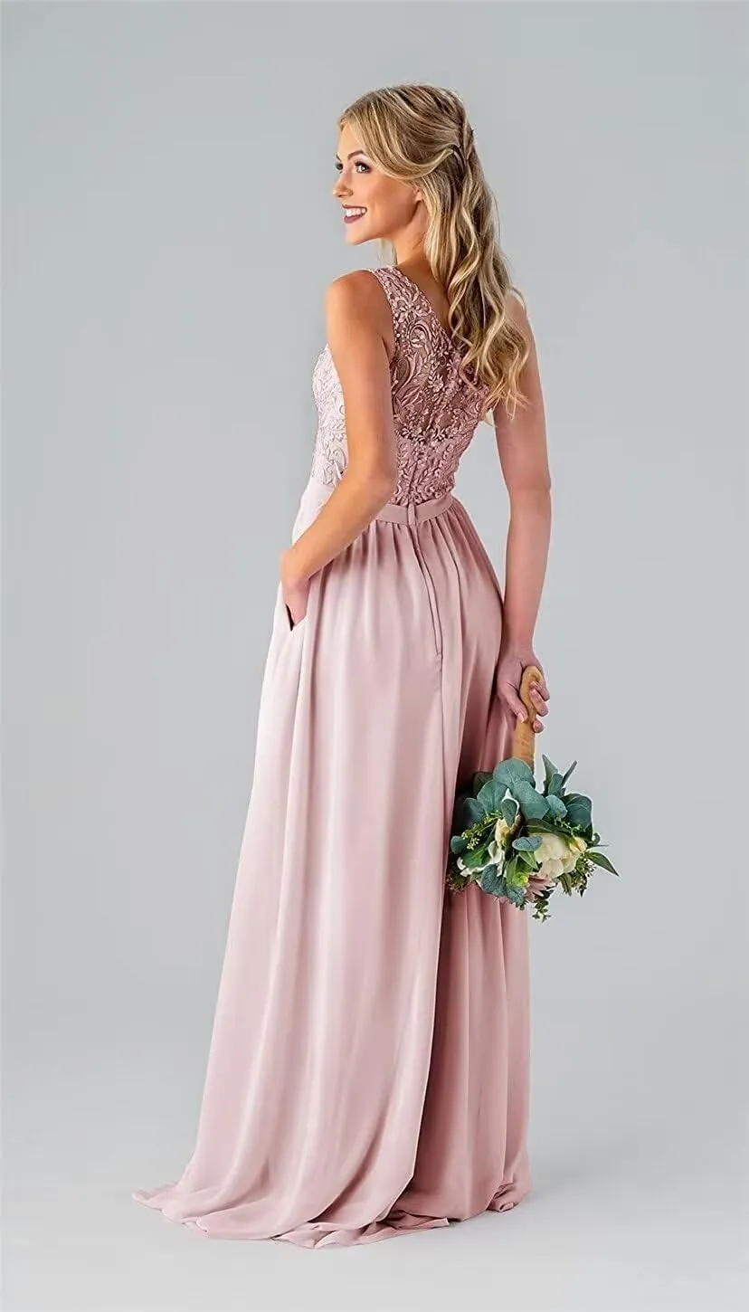 One Shoulder Bridesmaid Dresses Long for Wedding Lace Bodice Chiffon Formal Evening Party Gown with Pockets