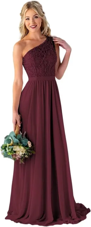 One Shoulder Bridesmaid Dresses Long for Wedding Lace Bodice Chiffon Formal Evening Party Gown with Pockets
