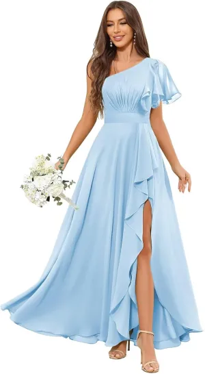 One Shoulder Bridesmaid Dresses with Sleeves Ruffle Chiffon Formal Dress for Women