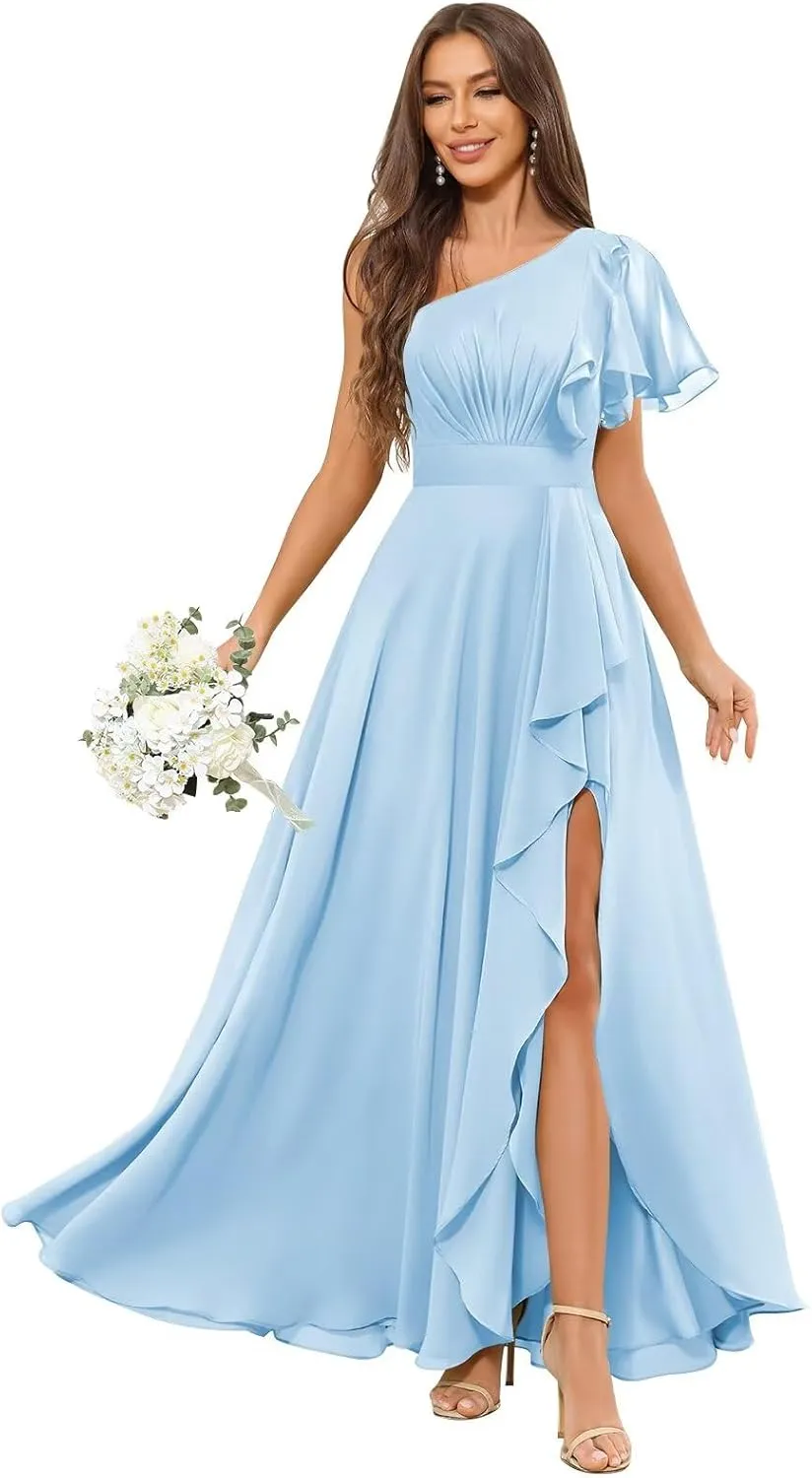One Shoulder Bridesmaid Dresses with Sleeves Ruffle Chiffon Formal Dress for Women