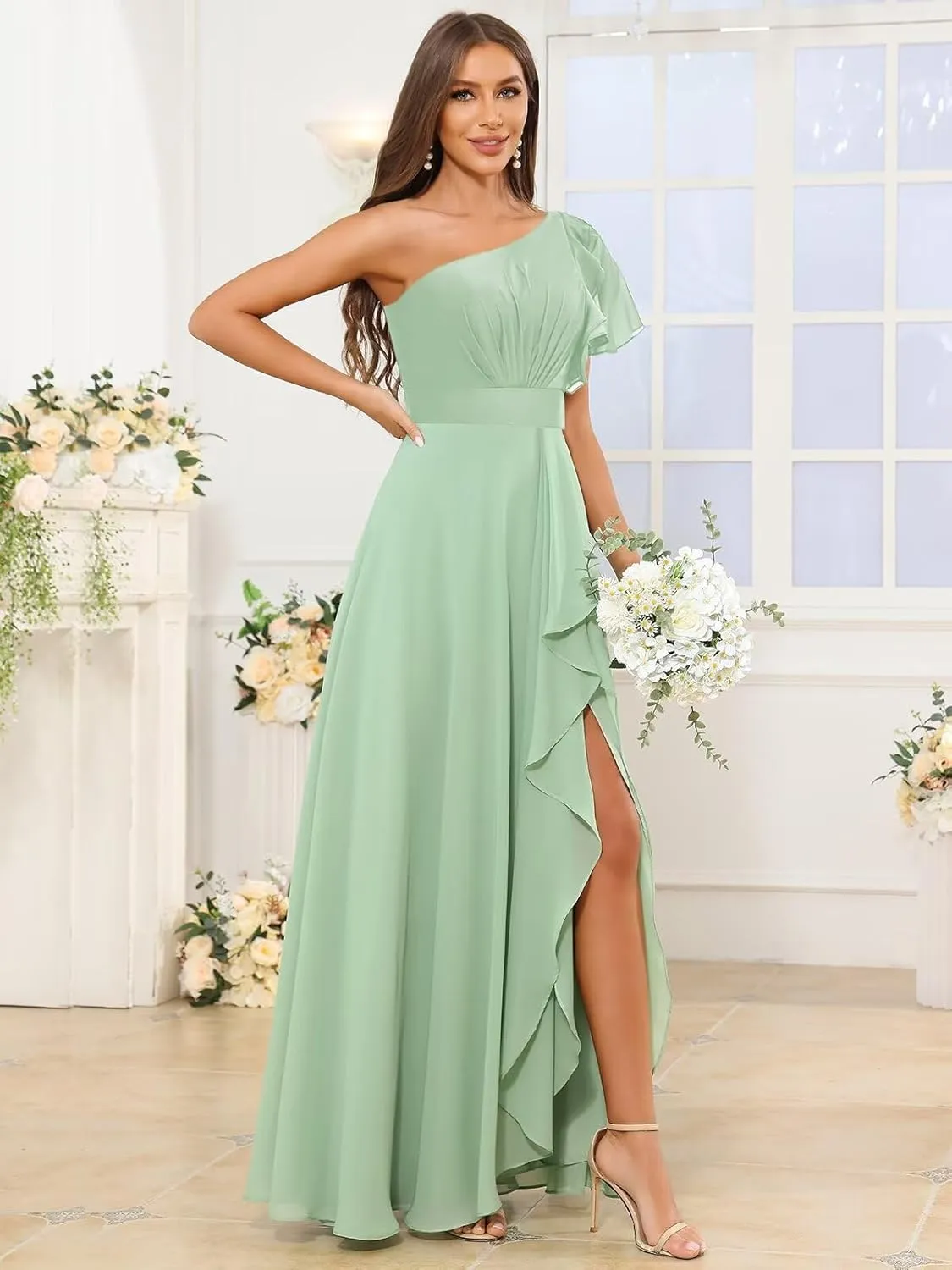 One Shoulder Bridesmaid Dresses with Sleeves Ruffle Chiffon Formal Dress for Women